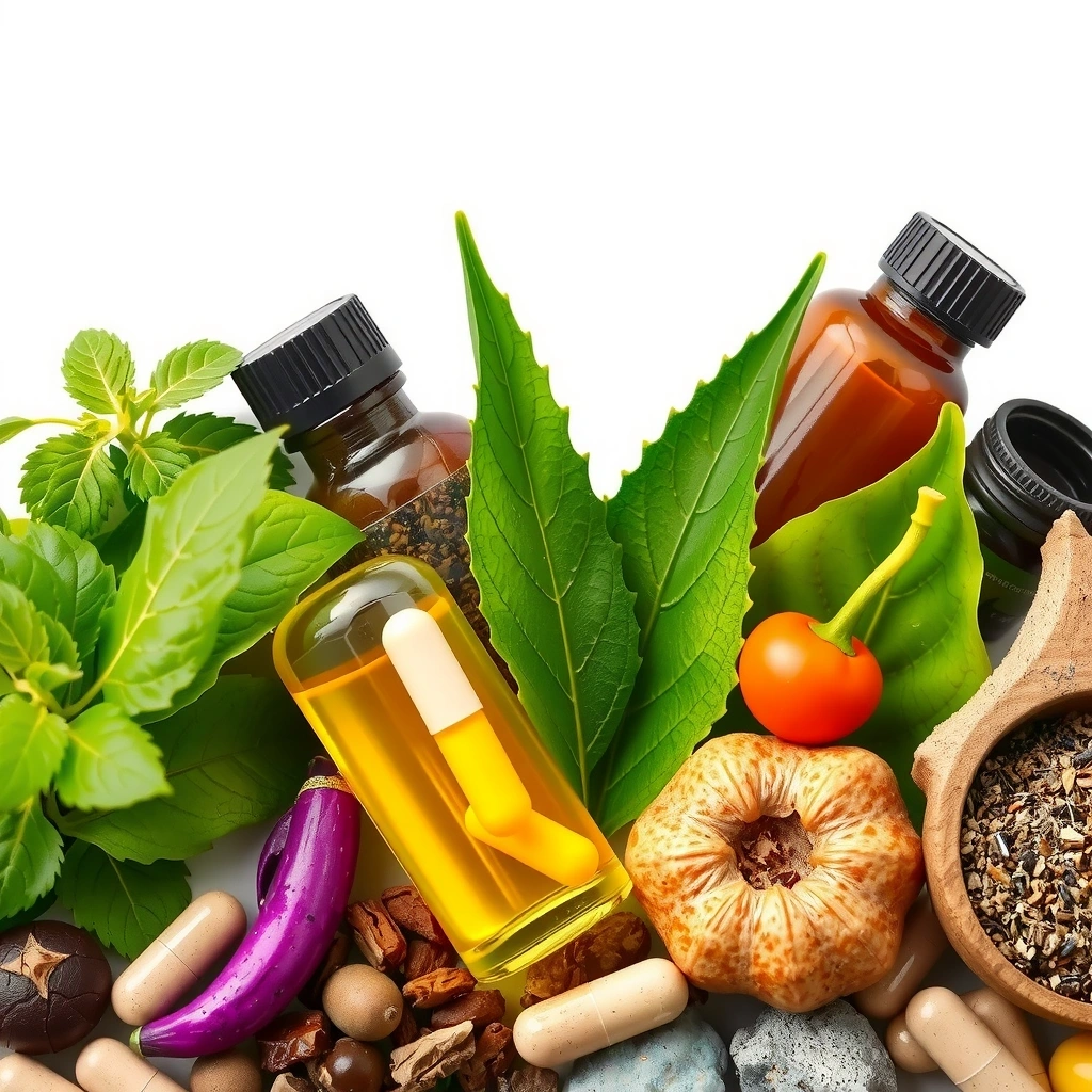 Erbe aromatiche e foglie che rappresentano integratori naturali