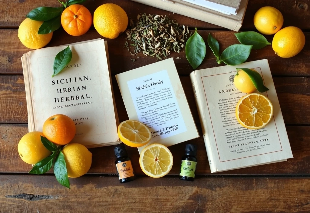 Antichi testi di erboristeria siciliana e ingredienti naturali su un tavolo di legno