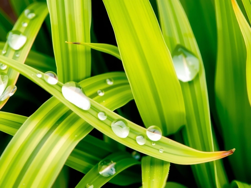 Foglie verdi fresche con gocce di rugiada, simbolo di purezza e natura