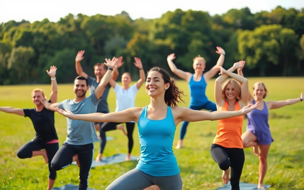 Gruppo di persone sorridenti che fanno yoga all'aperto, simbolo di benessere e comunità