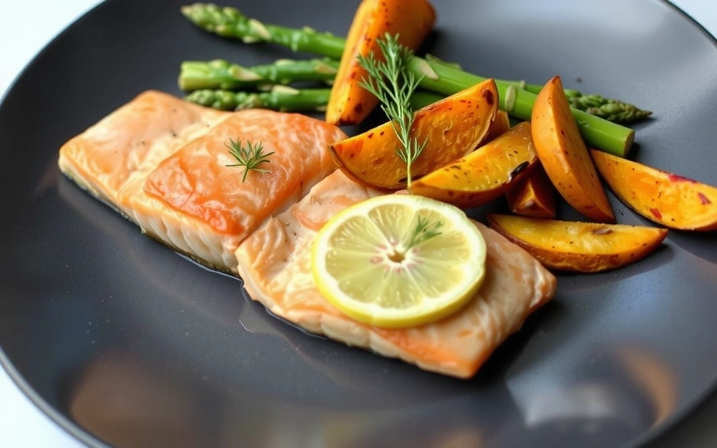 Salmone al forno con asparagi e patate dolci