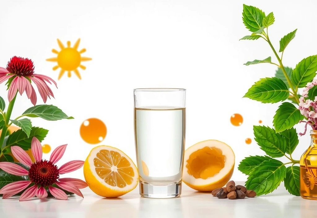 Piante medicinali come echinacea e propoli, disposte con un bicchiere d'acqua e un limone, simbolo di immunità naturale.