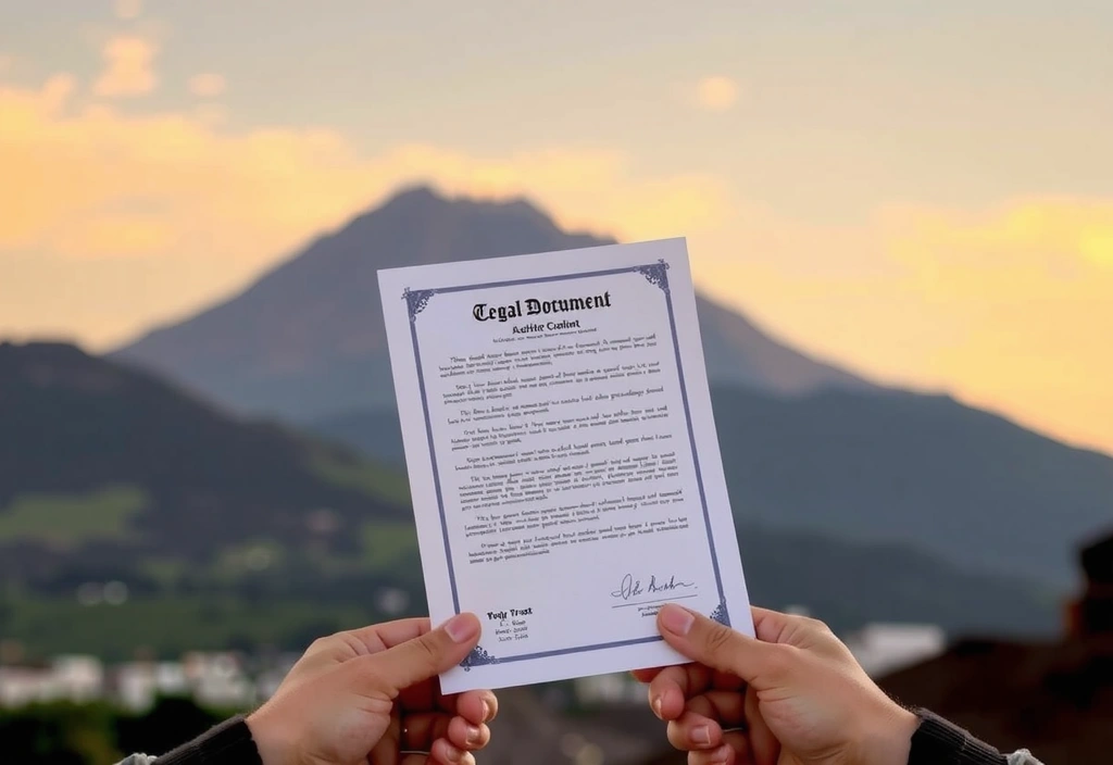 Mani che tengono un documento legale con l'Etna sullo sfondo, simbolo di trasparenza e affidabilità.
